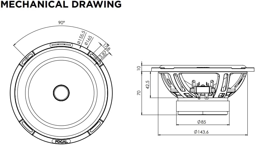 Mechanical drawing of the Focal PS 165 SF woofer with dimensions.