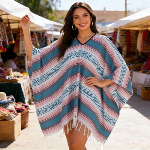 Poncho de playa para mujer con flecos y rayas vestido estilo mexicano 2