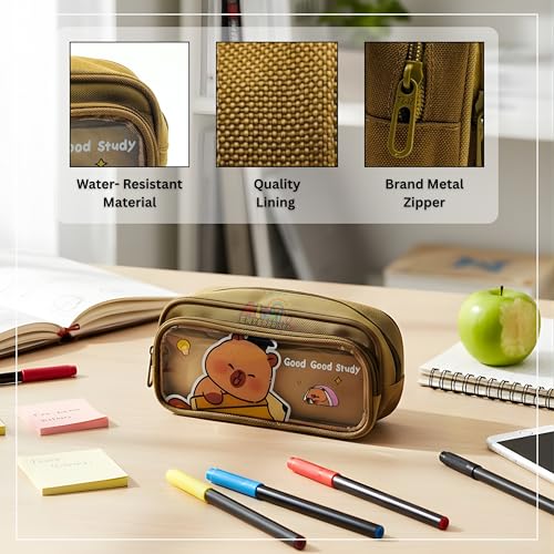 Image of Alokik Enterprise Cute Cartoon Pencil Pouch with Double Zipper & Transparent Window, Large Capacity Fabric Pen Case for School, Office, Students, Kids & Teens (Good Study Khakhi Pouch)