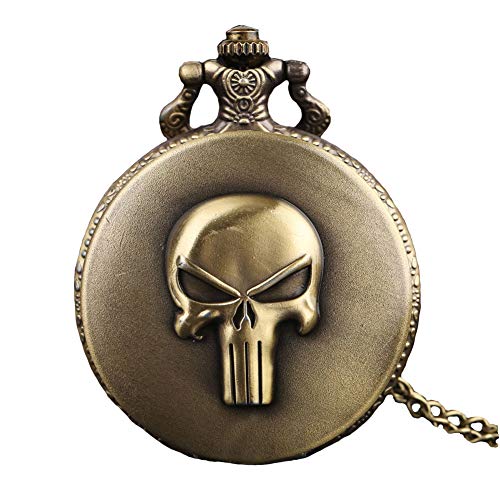 Taschenuhr, Totenkopf, römische Zahlen, Quarz, Vintage, Punk, Biker, Bronze, Halskette für Herren und Damen