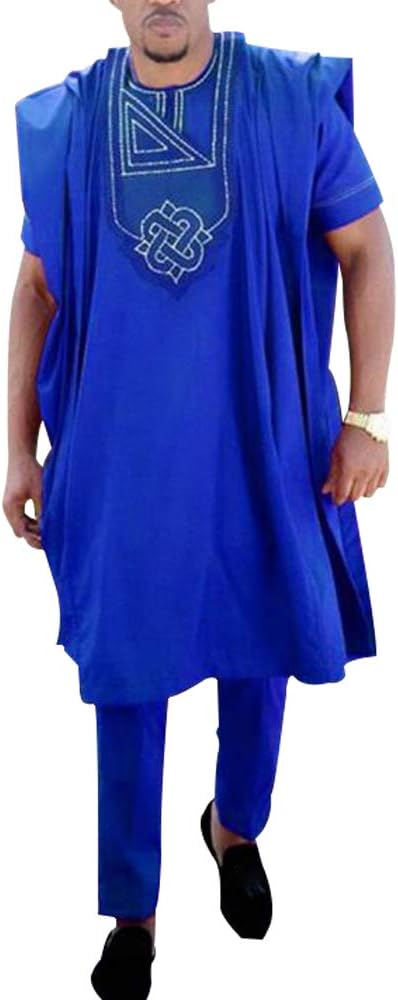 HD African Mens Clothing Embroidery Agbada Boubou Caftan Top Shirts and Pants Set Dashiki 3 Pieces Outfits