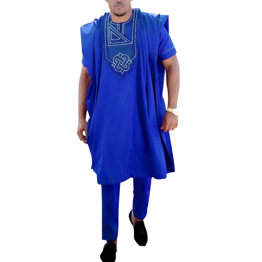 HD African Mens Clothing Embroidery Agbada Boubou Caftan Top Shirts and Pants Set Dashiki 3 Pieces Outfits