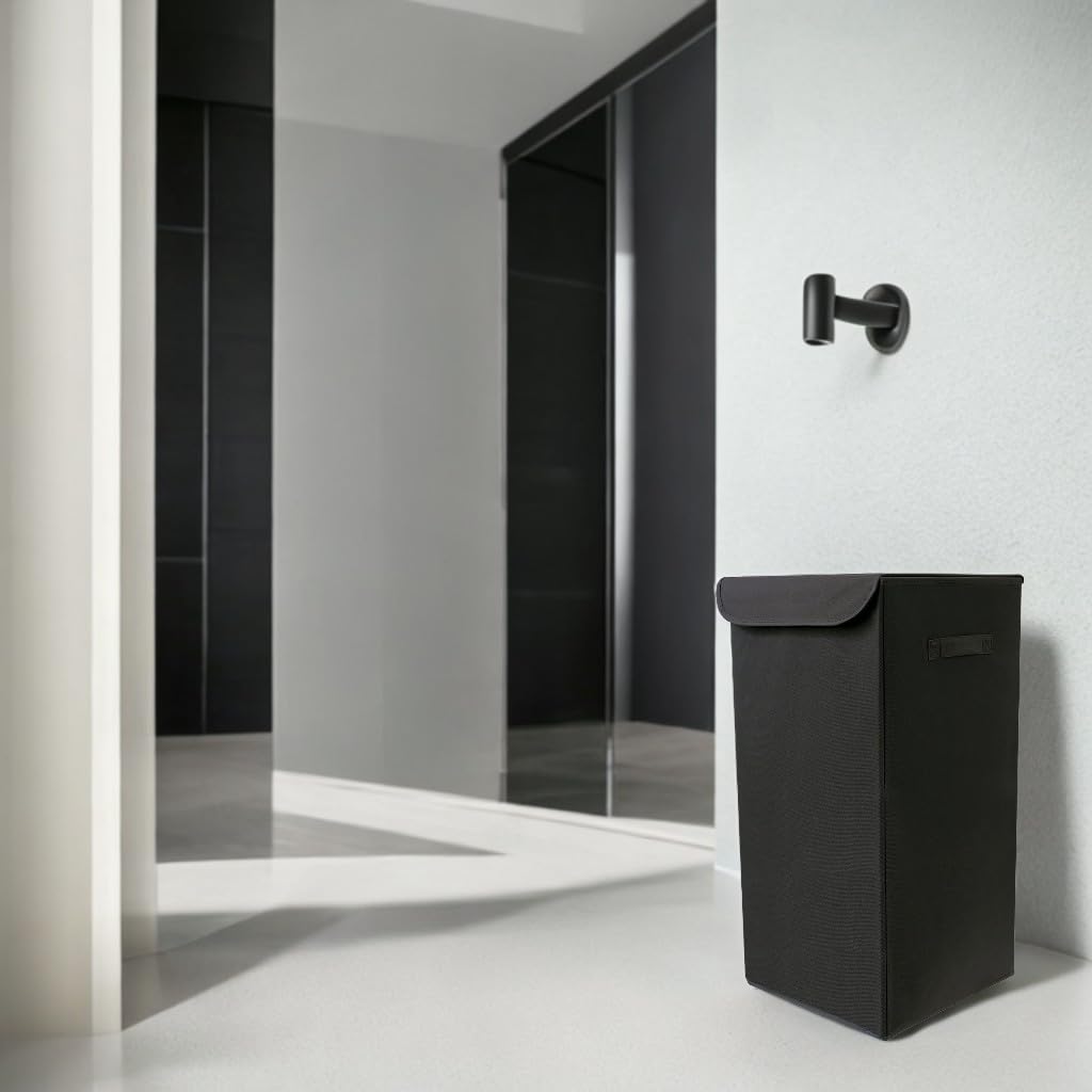 Box and beyond - Cesta de lavandería (30 x 30 x 60 cm, tela negra, tapa – asas – almacenamiento, ropa, ropa, baño, dormitorio, lavandería, estilo sencillo y práctico