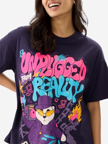 Image of The Souled Store Unplugged from Reality Women and Girls Short Sleeve Round Neck Purple Graphic Printed Cotton Oversized T-Shirts