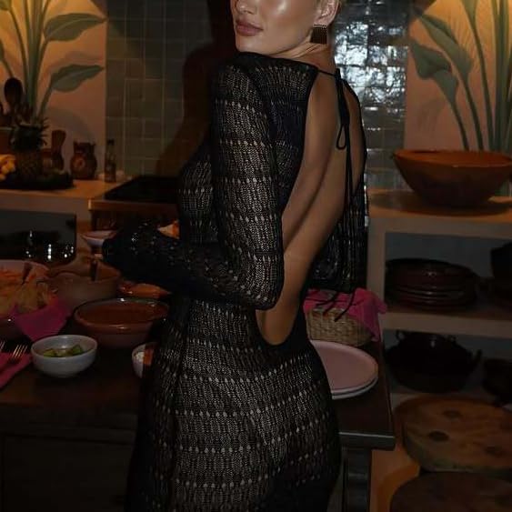 Donne a Maglia Sexy Hollow out Split Crochet Coprire Bodycon Vestito Spiaggia Vacanza,Nero,S