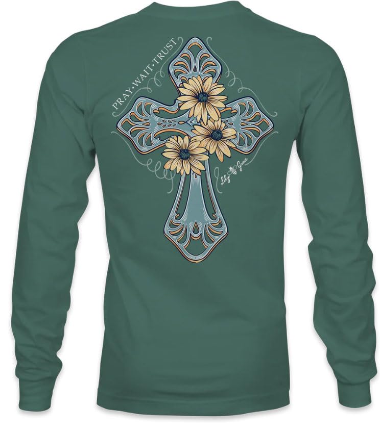 Lily Grace Pray - Wait - Trust - Cross - Sunflowers - Adult Long Sleeve