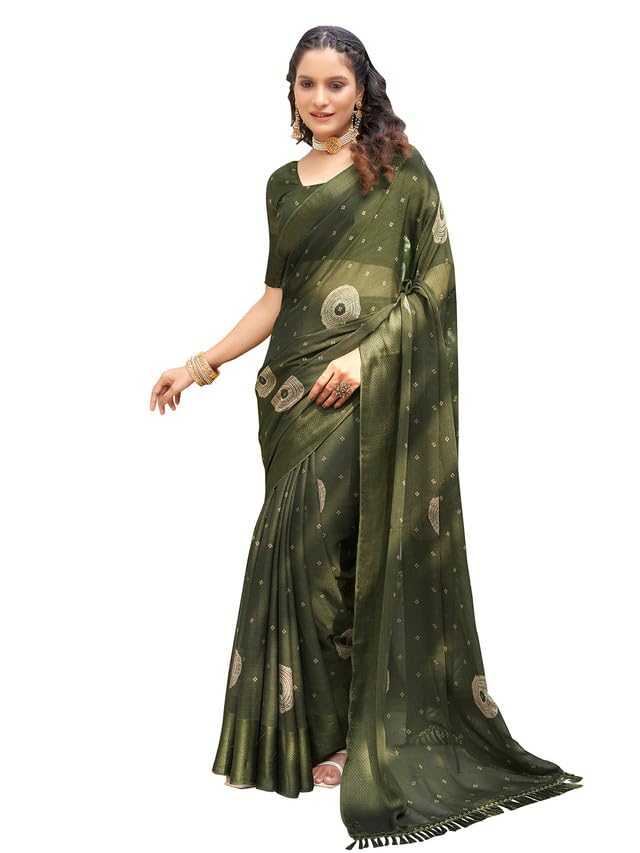 Satrani Women's Chiffon Bandhani Printed & Woven Border Saree With Unstitched Blouse Piece (3479S212N_Dark Olive Green & Beige)