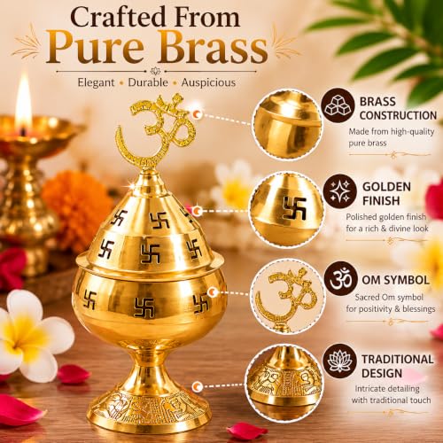 Image of Brass Pooja Diya with Om Top | Traditional Akhand Jyot Deepam, Temple Decor & Diwali Decoration, Brass Oil Lamp, 4.5 x 3 x 3 cm
