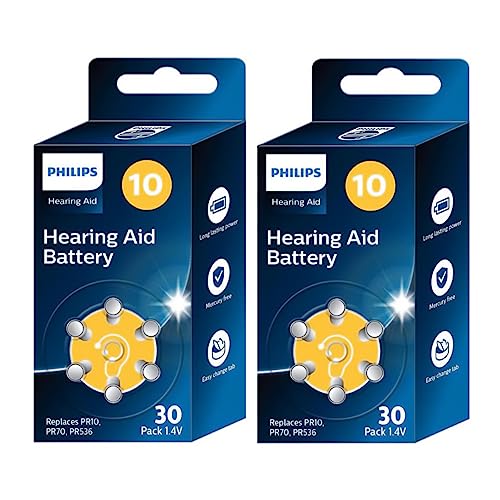 PHILIPS x60 Pilas 1.4V para Audífonos 10 (Hearing Aid Battery) ZA10BX30/00, Tecnología Premium Zinc Air, Batería Larga Duración, Abre Fácil, Tipo PR10, 70 y 536 (60 Unidades) Color Amarillo