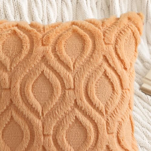 Image of decorUhome Fall Throw Pillow Covers 18x18 Inch Set of 2, Soft Plush Faux Wool Light Orange Solid Couch Pillow Covers, Accent Farmhouse Neutral Square Pillow Cases for Sofa Bed Living Room