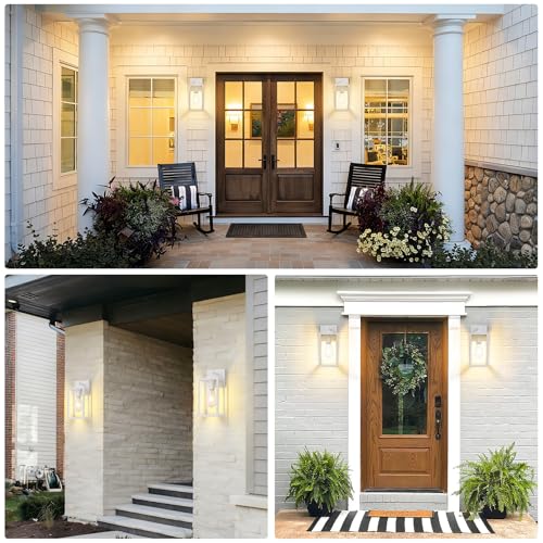 Image of Outdoor Wall Light Fixtures, White Outdoor Wall Lanterns for Porch, 2-Pack | Modern Front Door Lighting with Tempered Glass, Anti-Rust Waterproof Exterior Wall Sconce for House Garage Patio Entryway E26