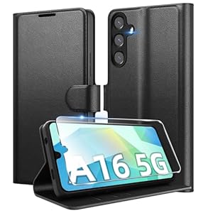 Eirltiy Handyhülle für Samsung Galaxy A16 5G Hülle mit 1 Stück Panzer Schutz Glas, Flip Wallet Kartenfach Standfunktion Schutzhülle PU Leder Stoßfest Klapphülle Kompatibel mit Galaxy A16 4G Schwarz