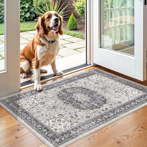 Washable 2x3 Entryway Area Rug: Vintage Soft Thin Door Mat with Non Slip Backing Water Resistant Carpet for Bedroom Low Pile Floor Mat for Kitchen Bathroom Laundry Easy Clean Rug for Family(2x3,Grey)