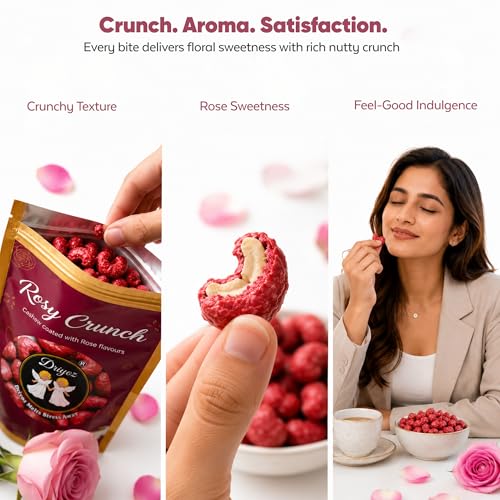 Image of DRIYOZ Rosy Crunch Rose Flavoured Cashew Nuts 250g | Premium Crunchy Kaju Coated with Sweet Rose Granules | Gourmet Floral Nut Snack for Gifting, Festivals & Daily Snacking