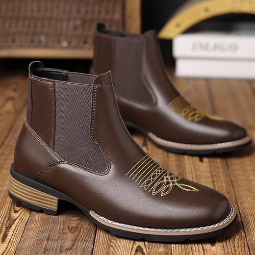 Men's Western Cowboy Boots Square Toe Durable Retro Classic Embroidered Pull On Boot Casual Work Chelsea Short Boots2