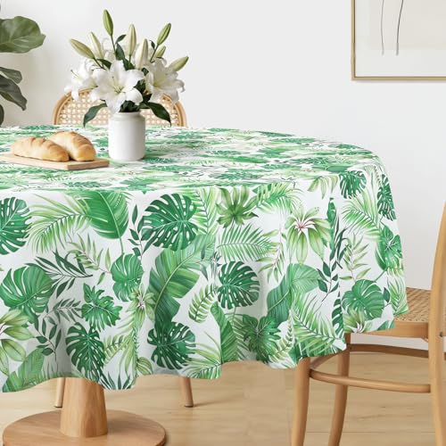 hometrixx Hawái Verano Mantel Redondo Antimanchas Tropical Hojas Monstera Manteles Lavable Poliéster Impermeable Cubre Mesas Hule para Comedor Cocina Cumpleaños Festivosr, Diamètre 152 cm Verde