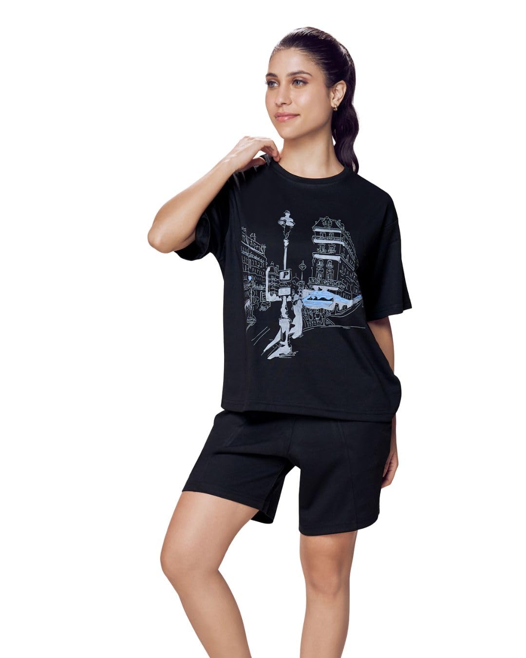 Women Shorts Set, Black Graphic T-Shirt with Shorts, Casual Lounge Wear Co Ord Set, Crew Neck Half Sleeve Top with Above Knee Shorts-image-13