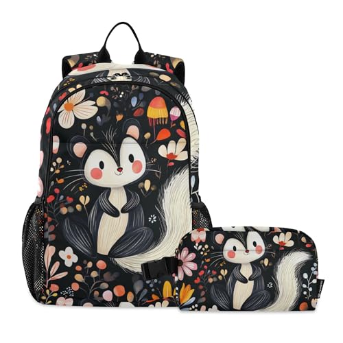 Cute Skunk Flowers Backpack with Lunch Bag, Travel School Backpack for Boys Girls Kids Backpacks Set