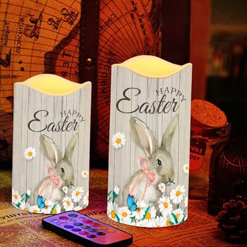 Image of Easter Bunny Daisy Plastic Flameless Candles with Remote Control and Timer LED Flickering Battery Electric Pillar Candles for Table Easter Decoration
