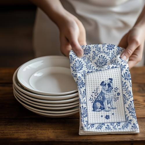 Image of Chinoiserie Pug Kitchen & Hand Towels Set of 2,Blue and White Floral Dog Dish Towel, Vintage Toile Pug Hand Towel for Farmhouse Bathroom Kitchen Decor,Dog Lover Gifts for Women