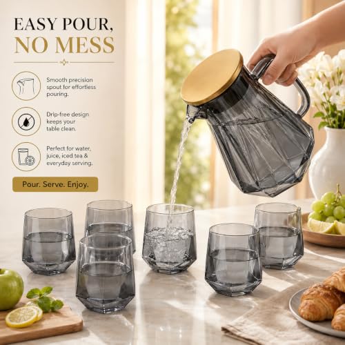 Image of bellemax Smoky Grey Glass Water Jug and Juice Glasses (1 Jug + 6 Glasses) | Premium Glass Water Serving Set with Golden Lid | Modern Juice, Water, Mocktail & Beverage Pitcher Set of 7