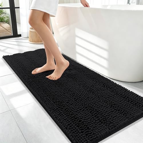 Image of OLANLY Thick Bathroom Runner Rugs 47x17, Extra Absorbent Chenille Striped Bath Rugs, Rubber Backing, Machine Wash Dry, Long Bath Mats for Bathroom Floor, Tub and Shower, Home Decor Accessories, Black