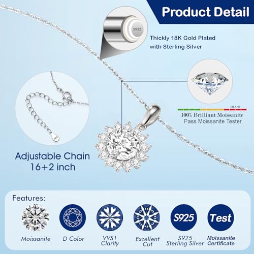 SecreTalk 1-4CT Moissanite Pendant Necklace for Women, Sunflower S925 Sterling Silver Necklace Gift for Wife Mother Her3