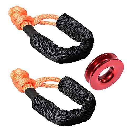 Anzios 1X Red Recovery Ring Load Capacity 41,000lbs + 2X Orange Synthetic Soft Shackle Rope w/Protective Sleeve for Off-Road Recovery Marine Farming Industrial Mining