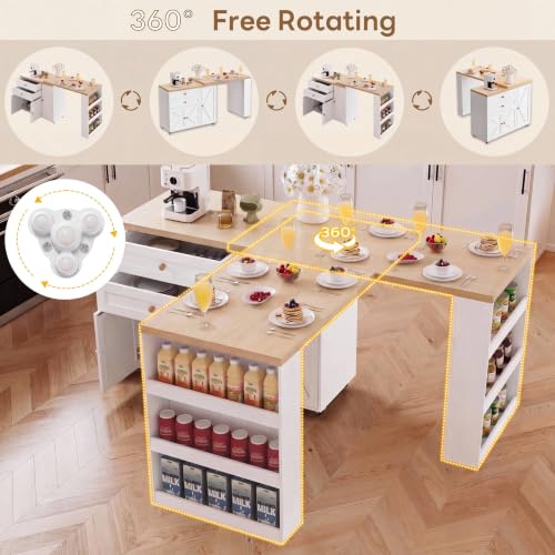 Image of IRONCK Rolling Kitchen Island with 360 Swivel Table and Storage, White | Engineered wood kitchen cart with 2 drawers, adjustable cabinet shelves, 3-tier Spice rack and 7 swivel casters for kitchen