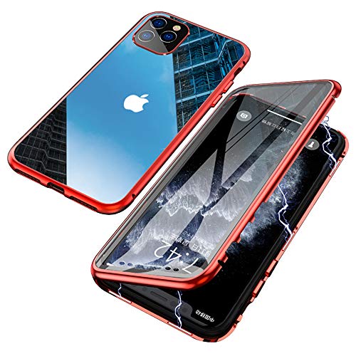 Jonwelsy Funda para iPhone 11 Pro MAX (6,5 Pulgada), Adsorción Magnética Parachoques de Metal con 360 Grados Protección Case Cover Transparente Ambos Lados Vidrio Templado Cubierta (Rojo)