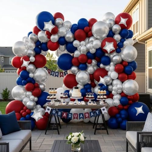 Image of Red White Blue Balloon Arch Double Stuffed Burgundy Navy Blue Balloon Kit | Silver Pearl Balloon with 4,5 Corner Star Foil Balloon Garland for Graduation Patriot Birthday Baby Shower Anniversary Decor