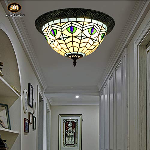 Makenier Vintage Tiffany Mediterranean Style Stained Glass Blue Peacock Feathers Flush Mount Ceiling Light Fixture, 12 Inches Lampshade #TOP3
