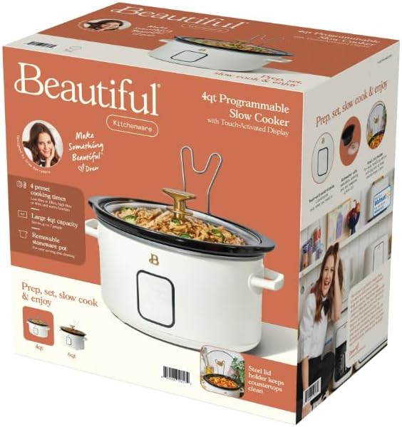 4-Quart Slow Cooker with Touch-Activated Display by Drew Barrymore, Programmable Digital Controls, Removable Ceramic Pot, Keep Warm Setting, Modern Sleek Design (White Icing)