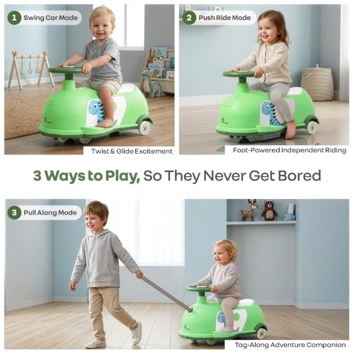 Image of R for Rabbit Iya Iya Poppy Swing Car for Kids, 3 in 1 Baby Push Ride-On & Pull Along Car | ABEC7 Bearing Smooth Wheels with Storage Seat | Ideal for 2+ Years Boys & Girls, Upto 50 Kgs (Green White)