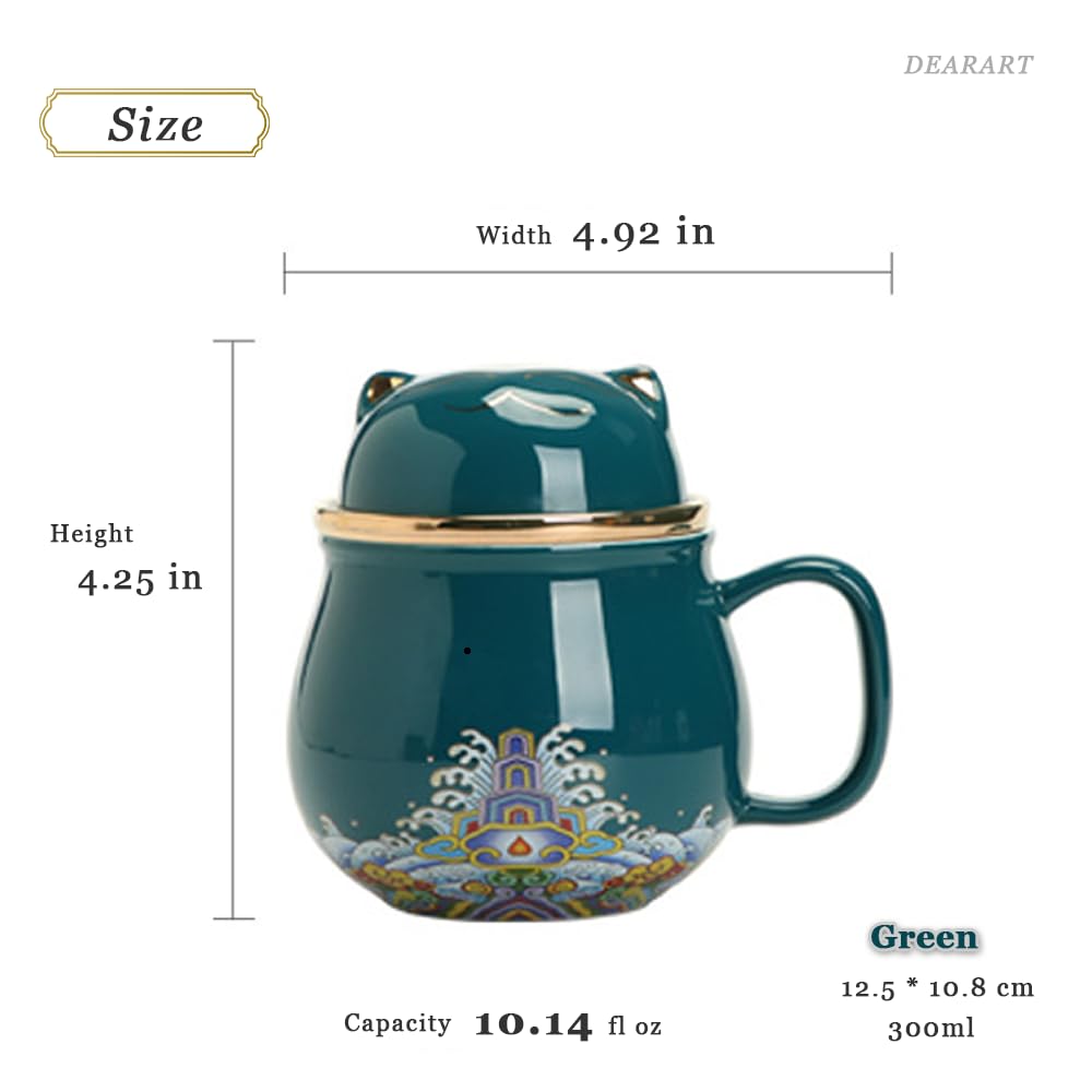 DEARART niedliche Teetasse im Katzenstil, tragbares Set, Teetasse mit 300 ml Fassungsvermögen, exquisite Musterverarbeitung, weißes Porzellanmaterial, leicht zu reinigen, grün
