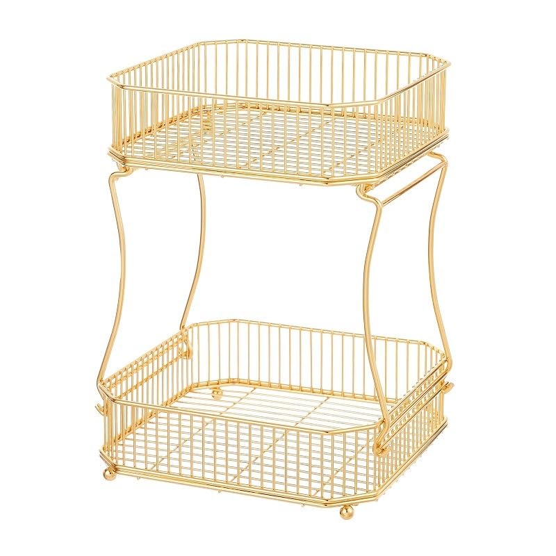 Freaswind 2 Tier Gold Countertop Fruit Basket Bowl for Kitchen Metal Wire Storage Rack Fruits Stand Holder Organizer for Bread Snack Veggies (A)