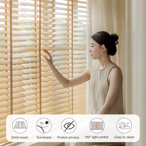 2" Slats Wood Blinds for Indoor Windows, Custom Wood Window Blinds, Wooden Venetian Horizontal Blinds & Shades for Indoor Windows, Office, Living Room, Bedroom