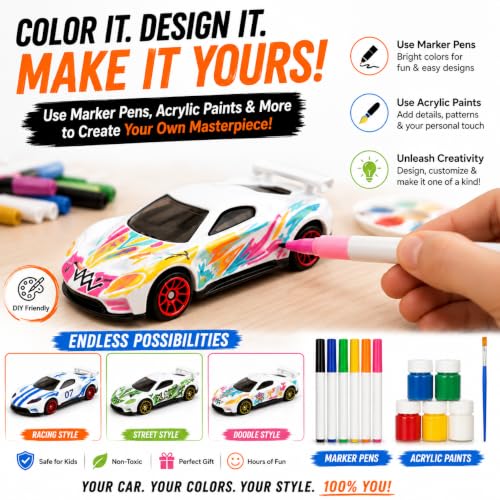 Image of White Series DIY Diecast Metal Toy Cars Pack of 5 | Paint & Design Your Own Cars | Creative Art & Craft Toy Gift for Kids 3+ | Free Wheel 1:64 Scale
