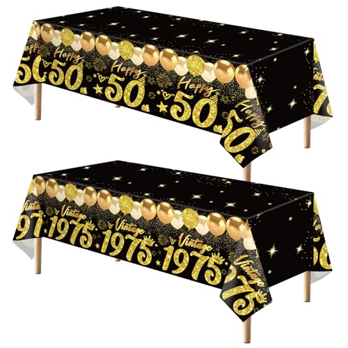 Uiorgui 2pcs 50th Birthday Tablecloth, Black Gold 50th Birthday Decorations