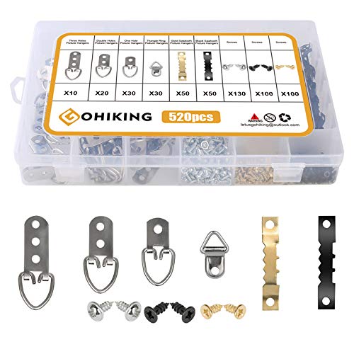 GOHIKING Heavy Duty Picture Hanging Kit 520 Pieces Hardware for Frames Great Assortment Screw Eye Nails 15-50 Lbs Wires Sawtooth Hangers Comes with Transparent Solid Box for Wall Mount