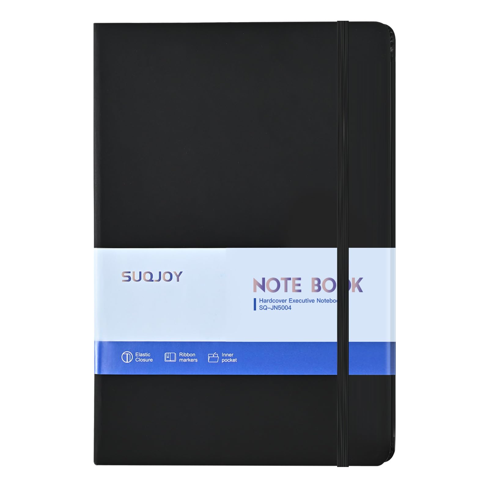 SUQJOY A5 Notebook, Black Hardback Lined Journal, 100gsm Ruled Paper, 160 Pages, Elastic Closure, 140 x 210 mm, Business Notebook for Work, Meeting Notes, Project Planning and Journaling