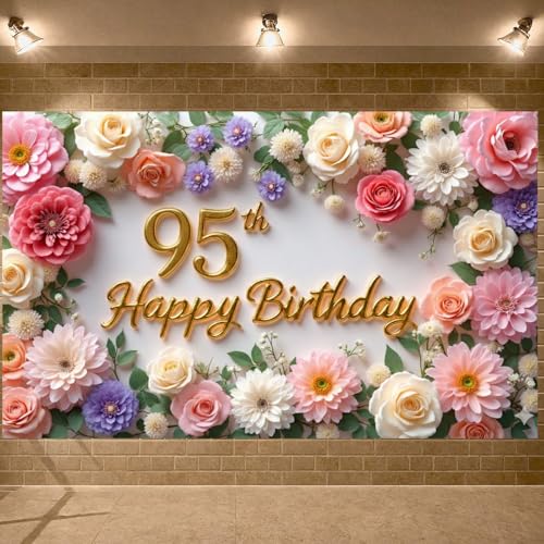 Flower 95th Birthday Banner Decorations for Women Pink Roses Floral Happy 95th Birthday Banner Backdrop Sign for 95 Years Old Anniversary Party Home Wall Outdoor Indoor Photo Booth Background Supplies