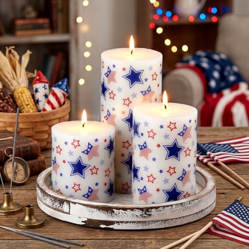 Conelist Set of 3 Red White Blue Pillar Candles 4th of July Patriotic Star Pillar Candles 250th Anniversary Memorial Day Gifts for Independence Day Party Decorations Table Home Party Decor(Star)