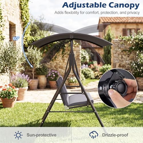 Image of Tangkula 2 Person Porch Swing, Outdoor Swing with Removable Cushions, Solid Metal Structure, Patio Swing with Adjustable Canopy for Garden, Backyard, Balcony, Poolside
