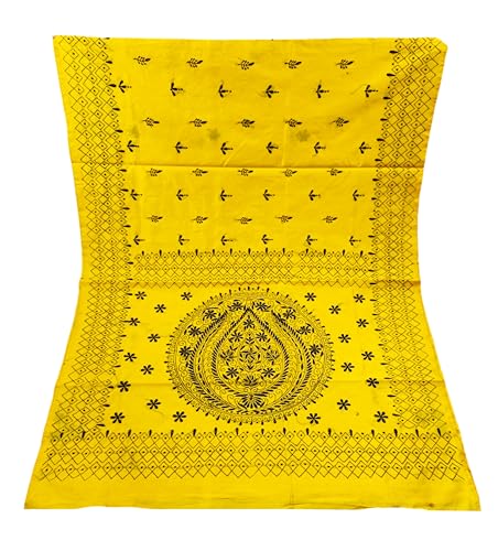 Image of SHRISTI CLOTHINGS Women's Hand Embroidered Cotton Silk Kantha Stitch Saree with Blouse Piece (SB4200924 YELLOWD97)