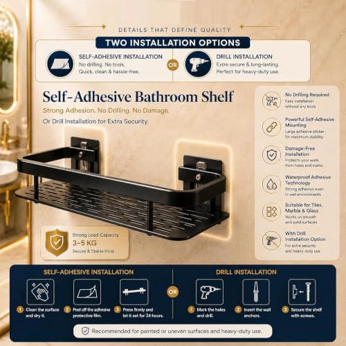 Image of Pack of 2 Self-Adhesive Aluminum Bathroom Shelves Mounted Without Drill for Wall | Space-Saving Storage Organizer Racks for Bathroom and Kitchen Accessories | Stylish Wall Stand for Home