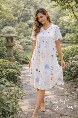 Image of Kabento Nightgowns for Women Cotton Short Sleeve Long Night Gowns with Pockets