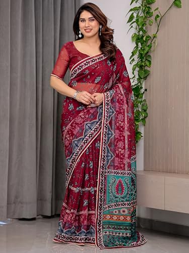 Image of ALMAARI FASHIONWomen's Floral Printed Organza Saree with Unstitched Blouse Piece | Traditional Ethnic Wear Sarees | Soft Lightweight Ethnic Office Wear Daily Wear Indian Sari (ORGANZA 121-130 H)