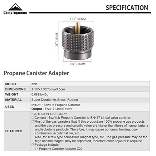 Campingmoon Small Propane To Butane Adapter, Input: 16Oz/1Lb Small Propane Canister, Output: En417 Lindal Valve Z22 #TOP1