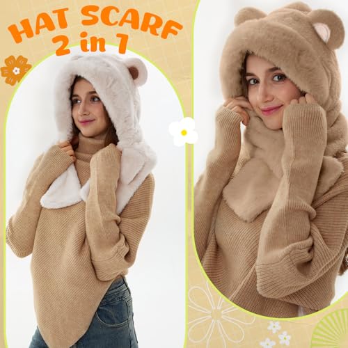 2 Pcs Hat Scarf Set Set for Women Winter, Hooded Warm Scarf Fluffy Soft Bear Warmer Neck 2-in-1 Hat for Cold Weather4